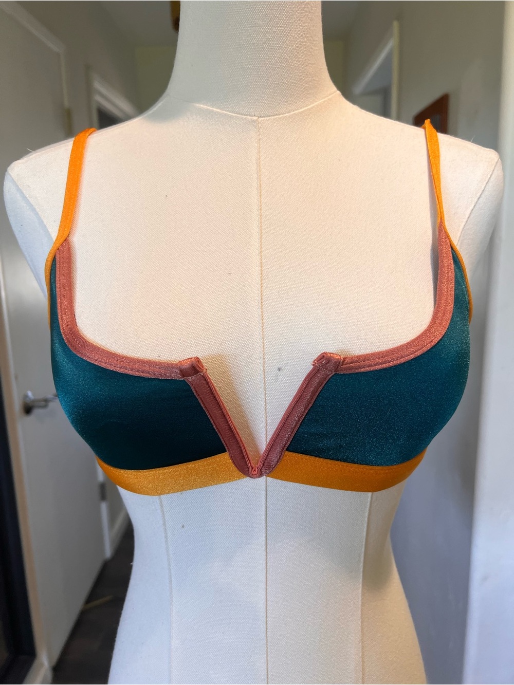 Teal & Mustard V-Plunge Bikini Top with Rust Trim
